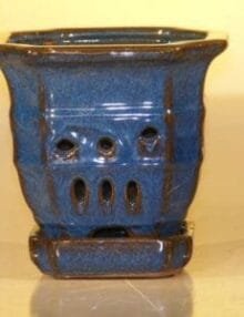 Blue Ceramic Orchid Pot - Multi-Sided 5.0 x 5.125 With Attached Tray Sized to fit 4.0 Plastic Growing Pot