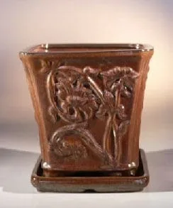 Aztec Orange Ceramic Bonsai Pot - Cascade Attached Matching Tray 7.5 x 7.5