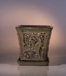 Mustard Color Ceramic Bonsai Pot - Cascade Attached Matching Tray 7.5 x 7.5