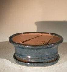 Blue/Green Ceramic Bonsai Pot - Oval Professional Series with Attached Humidity/Drip tray 8.5 x 6.5 x 3.5
