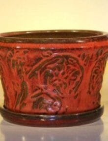 Parisian Red Ceramic Bonsai Pot - Round Attached Matching Humidity/Drip Tray 9 x 5.5 Tall