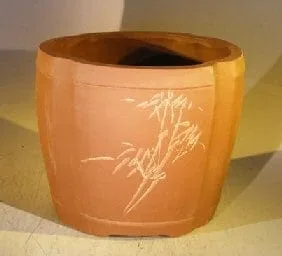 Unglazed Round Cascade Bonsai Pot with Floral Etching 8.5 x 6.5 x 7